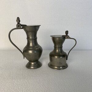 Fein Zinn Pewter Set Lidded Acorn Creamer And Syrup Tankard Ewer German Vintage